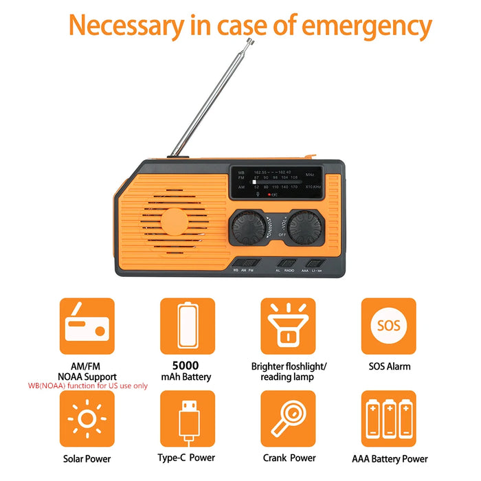 Solar Hand Crank Radio Portable Multifunctional Radio AM/FM/WB NOAA Weather Radio LED Flashlight Power Bank for Outdoor Camping
