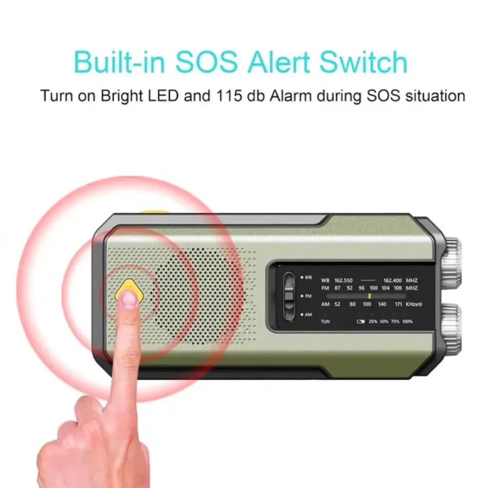 2000mAh Emergency Radio Solar Hand Crank AM FM WB NOAA Weather Global Receiver LED Flashlight SOS Alarm Power Bank
