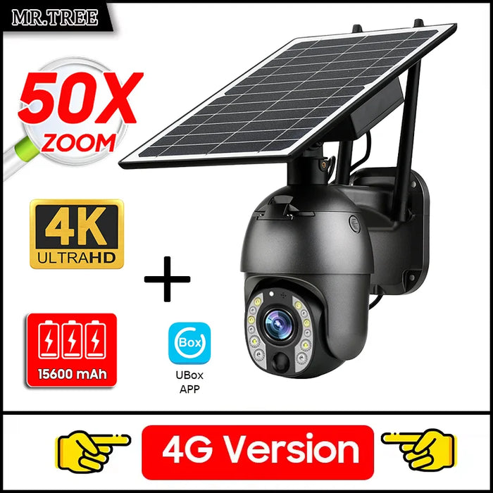 Home Outdoor Surveillance Solar Camera 4G SIM 50X Optical Zoom 4K Wifi Security Protection Cam Human Detection CCTV IP Cameras