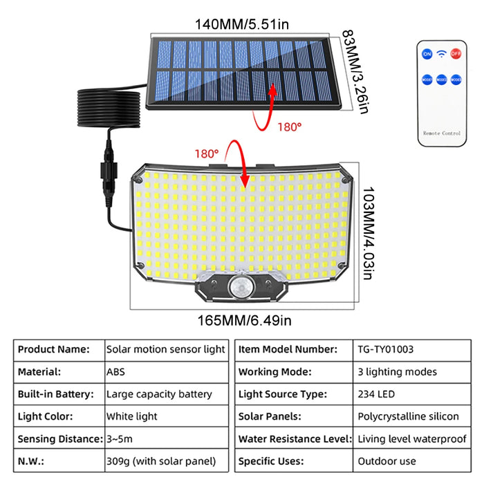 Solar Lights 234LED Solar Security Lights Outdoor Garden Motion Sensor 3 Modes Waterproof Split Solar Flood Wall Lights Garage
