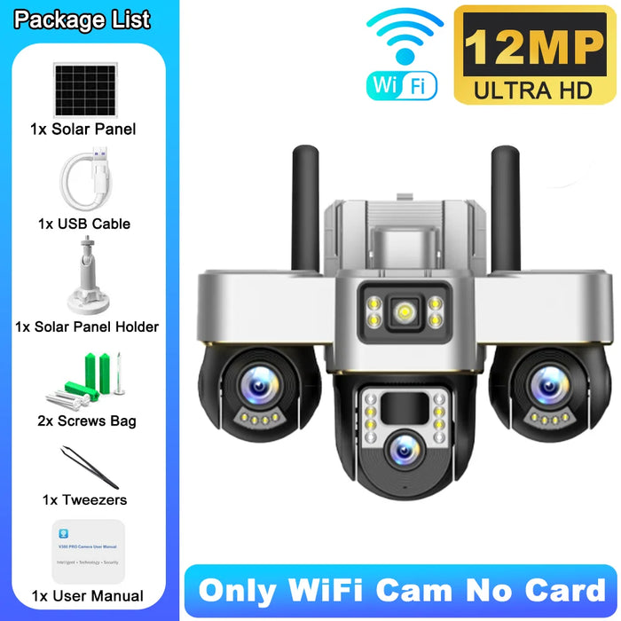Solar Powered 3-Lens Security Camera with Smart Night Vision, Waterproof & 12MP HD Resolution for Outdoor Surveillance Camera