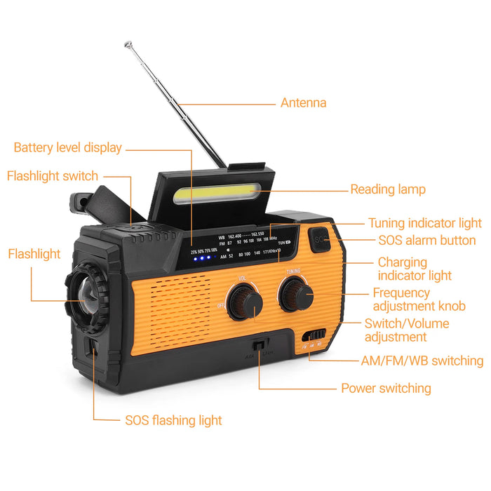 Multi-function Emergency Radio Hand Crank Emergency Radio Solar Crank Portable Outdoor Radio with USB Charging and SOS Alarm