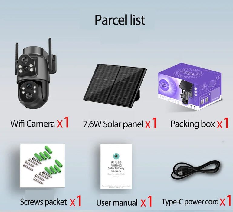4K 8MP Wireless Solar PTZ Camera Dual Lens Color Night Vision Wifi CCTV Security Camera Built in Battery PIR Detection IP Cam