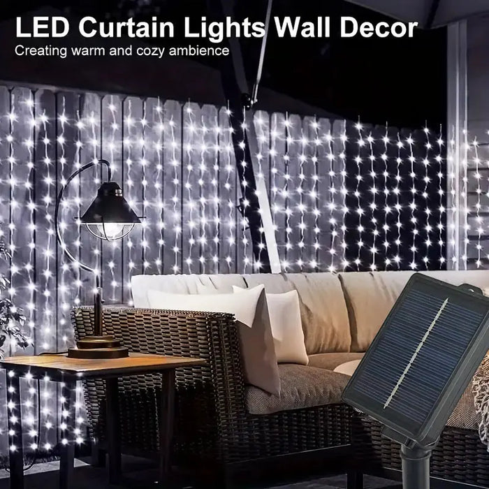 Christmas LED Solar Courtyard Curtain Lights Outdoor Waterproof Fairy String Lights with 8 Modes Garden Window Bedroom Wedding