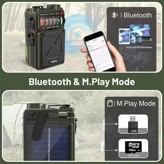 Hand-operated Emergency Solar Bluetooth Outdoor Camping Alarm Radio Multi-band Earthquake Prevention Solar Radio With Flashlight