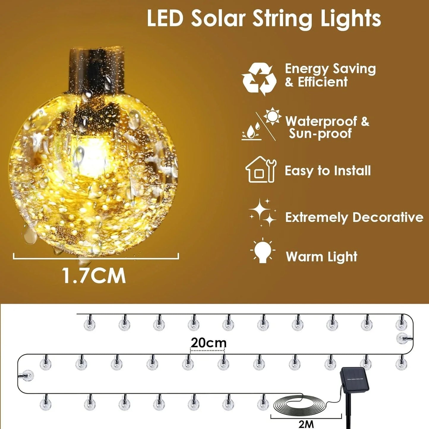 Solar Outdoor Courtyard Lights LED String Lights Waterproof Garden Decorations String Flashing Lights with Crystal Ball Bubble