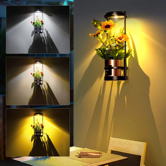 Solar Floor Lamp with Plant Stand Waterproof Outdoor Wall Fence Light 3 Lighting Colors Metal Garden Decor Plant Deck Step