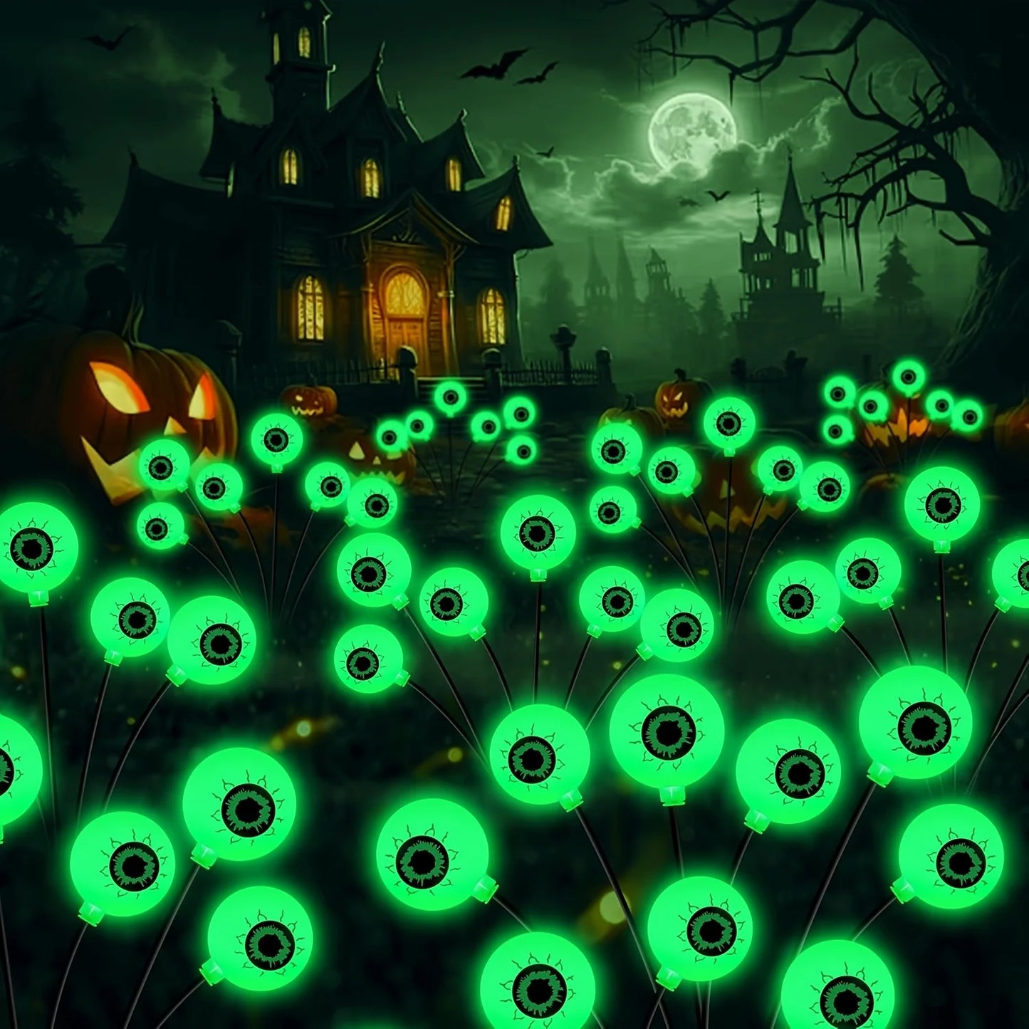 Halloween Outdoor Solar Eyeball Lights-LED Green&Purple Glow, Swinging Firefly Effect,for Creepy Yards, Lawns & Halloween Haunts