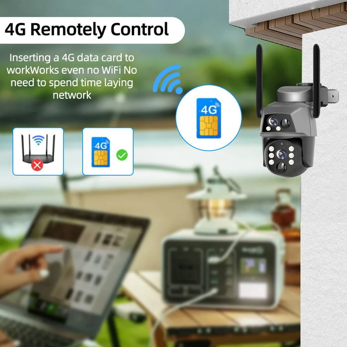 Solar Camera 4G Sim Card Outdoor Dual Lens 8MP 4K IP Camara With Solar Panel CCTV Security Built in Battery PIR Motion Detection