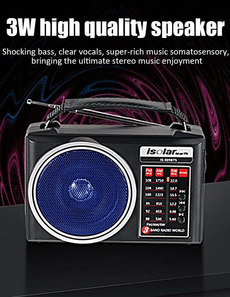 1pc Portable FM/AM/SW Radio Solar Charging Multi Band Emergency Radios Receiver Powerful Bluetooth Speaker with Flashlight USB