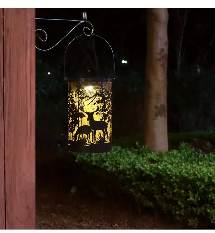 Solar Lantern Deer And Forest Pattern Hollow Projection Light Outdoor Garden Decor Threshold Courtyard Landscape Terrace Lamp