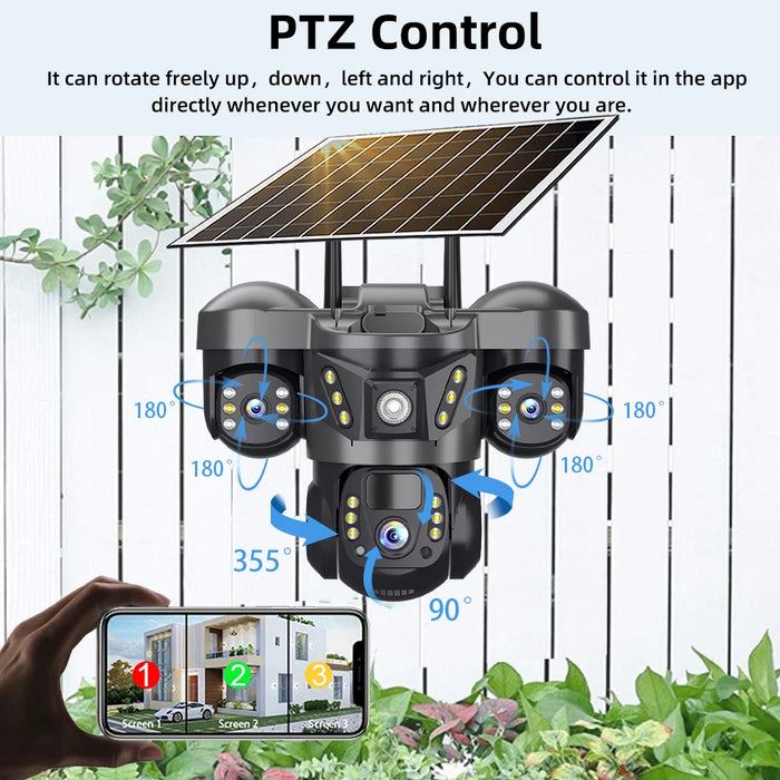 Solar 4G Camera 15MP Triple Lens Triple Screen 10x Zoom Outdoor Waterproof Battery Surveillan PIR Human Detection V380 Pro Cam