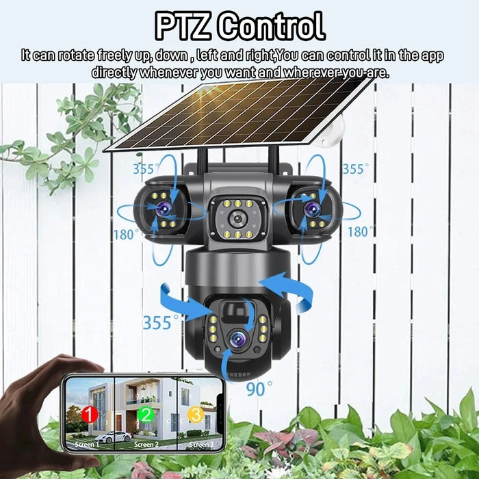 Solar 4G Camera With Sim Card 12MP 6K Three Lens Three Screen Monitor Night Vision Security Protection PTZ Video Surveillance