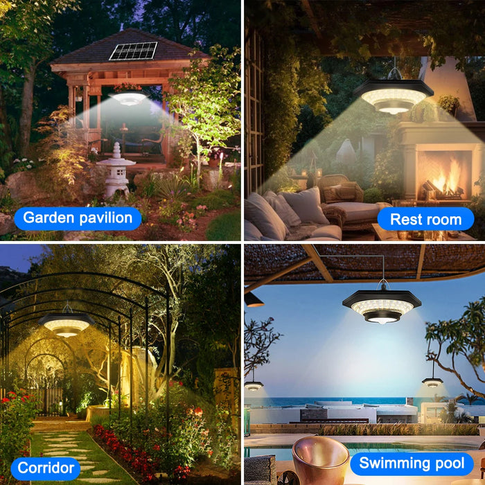 Solar Shed Light Indoor Outdoor 228 LED Pendant Light Motion Sensor with Remote Waterproof 5 Lighting Modes for Barn Gazebo Yard