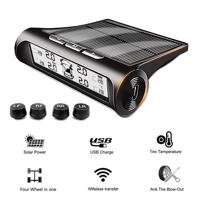 Solar Power Car Tire Pressure Alarm Digital Display Auto Smart Tpms Tire Pressure Monitor System Temperature Warning with Sensor