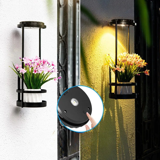 Solar Floor Lamp with Plant Stand Waterproof Outdoor Solar Wall Fence Light 3 Lighting Colors Metal Garden Decor Plant Deck Step