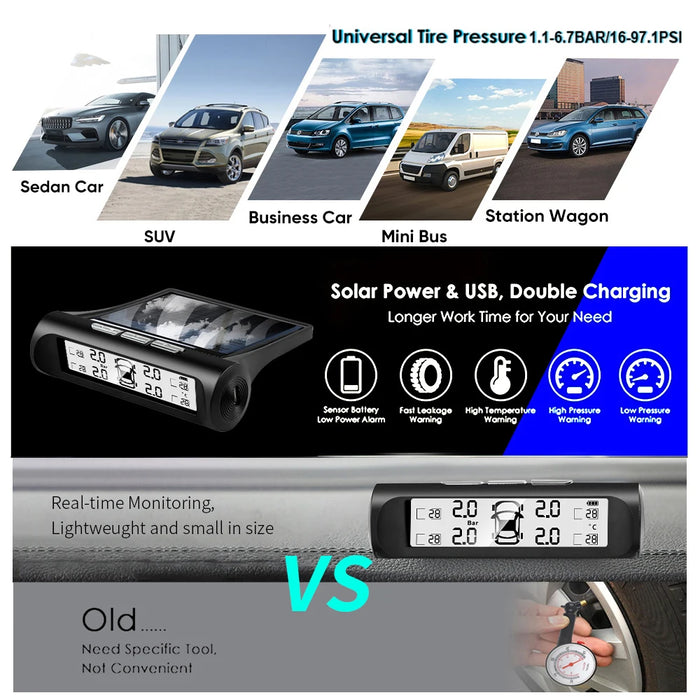 Solar Power Car Tire Pressure Alarm Digital Display Auto Smart Tpms Tire Pressure Monitor System Temperature Warning with Sensor