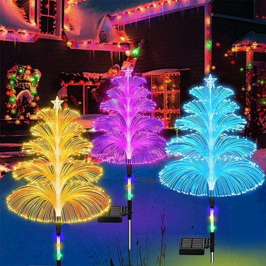 Solar Christmas Tree Lights Decorations Outdoor Waterproof 5 Layer Optical Fiber 7 Color Changing for Yard Pathway Outside