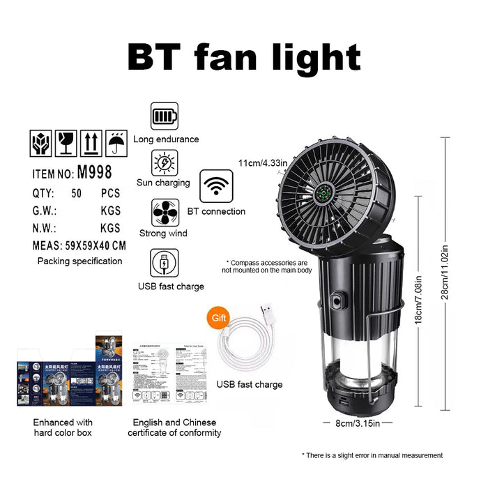 Solar Camping Fan With Lantern Collapsible Solar Powered USB Rechargeable Emergency Hanging Lights for Outdoor Camping Tent