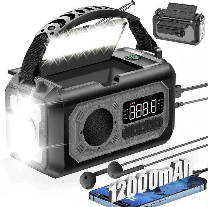 Hand Cranked Solar Powered Portable AM/FM/NOAA Weather Radio 12000mAh With LED Flashlight Portable Power Bank Outdoor Radio