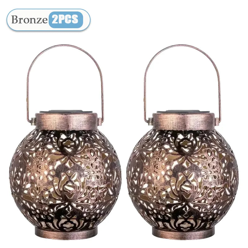 Solar Garden Light Outdoor Garden Decoration Solar Lights Metal Waterproof Round Lantern Lights Hanging Hollow Projection Lights