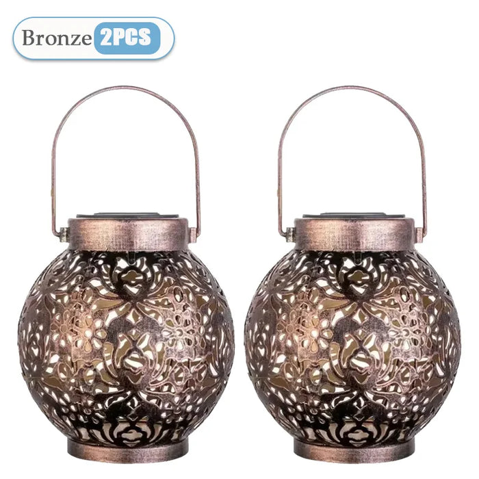 Solar Garden Light Outdoor Garden Decoration Solar Lights Metal Waterproof Round Lantern Lights Hanging Hollow Projection Lights