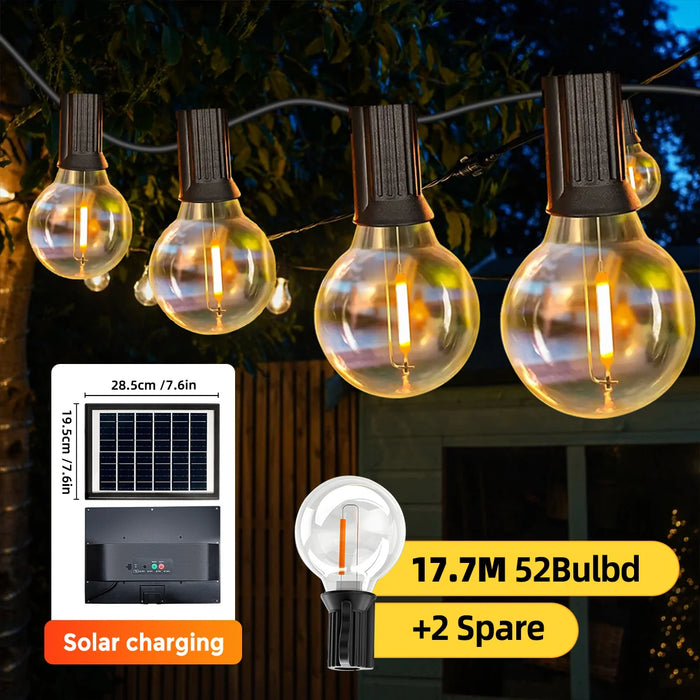 Solar String Lights Outdoor G40 Patio Lights, USB Recharger, 8 Light Modes, Shatterproof Bulbs , Weatherproof Hanging Light