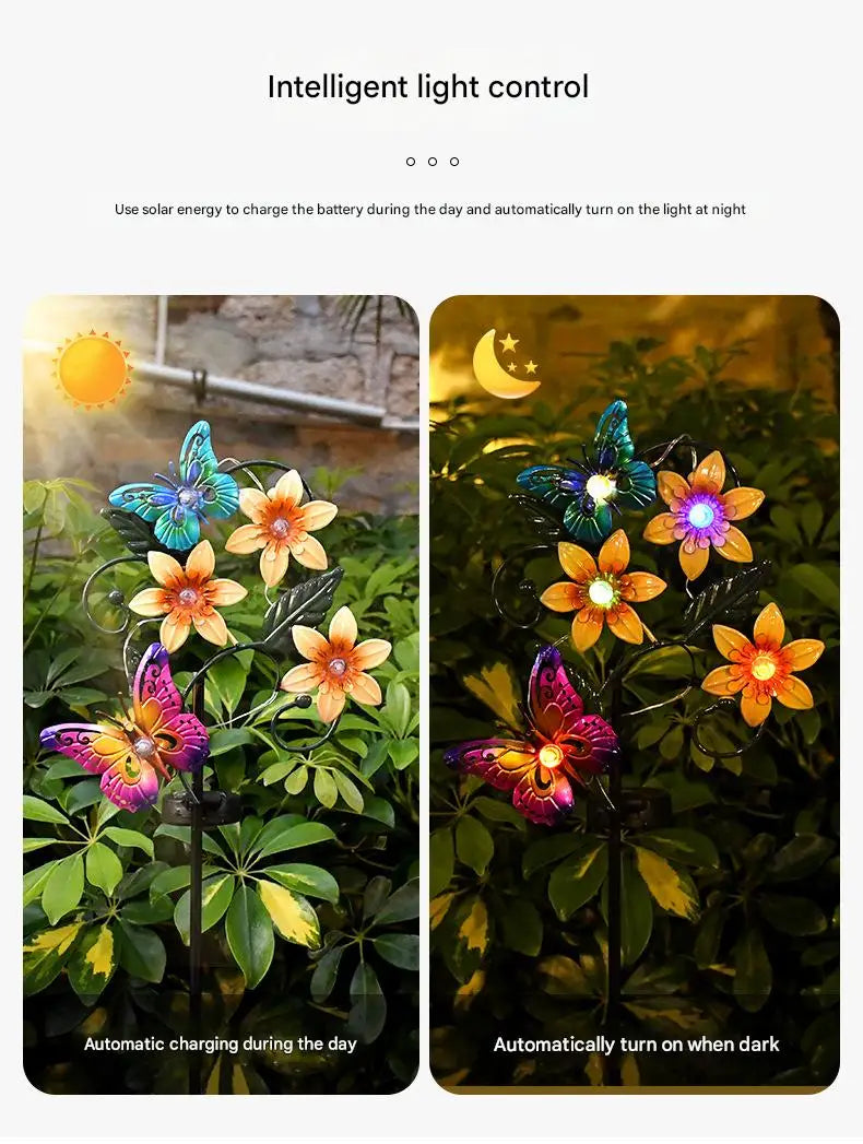 Solar Garden Lights Flowers Insect Decorative Garden Stakes Sun Lamp Waterproof Metal Yard Art Decor For Outside Lawn Yard Patio