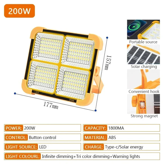 NEW 200-800W Outdoor Solar LED Floodlight Emergency Lighting Rechargeable Outdoor Camping Portable Waterproof Fishing Spotlight
