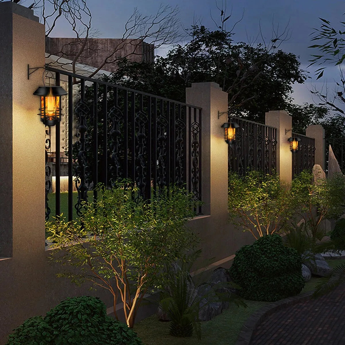 1pcs Solar Hanging Lantern Outdoor Flickering Flames Waterproof Heavy Glass Stainless Solar Outdoor Light for Wall Fence Patio P