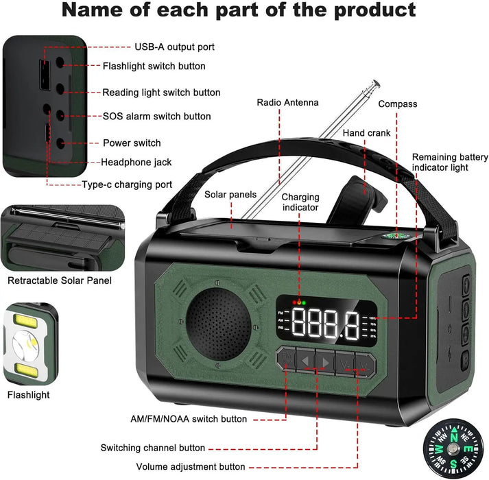12000mAh Emergency Radio Hand Crank Portable Solar Radio Weather Radio SOS Alarm Flashlight Phone Charger Compass Reading Lamp