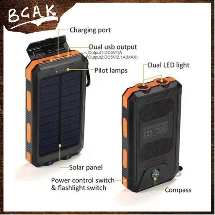 Hot New Style 200000mAh  Large Capacity Solar Power Bank New Portable With Lanyard Compass External Battery Outdoor Camping Char