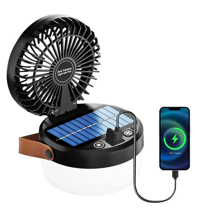 Solar Camping Fan Rechargeable Camping Light, Folding Portable Solar Outdoor Lights with USB Output for Camping Tent, Mountain,