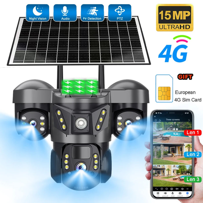 Solar Power 4G Camera With Europe Sim Card Triple Lens Three Screens Outdoor Waterproof Battery CCTV Security V380 Video Camaras