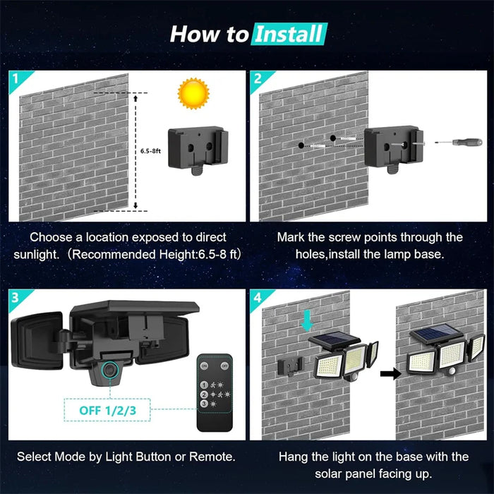 Solar Security Lights 210 LED 3 Head Motion Sensor Flood Light w/ Remote Waterproof 270° Wall Light with 3 Modes for Garage Yard
