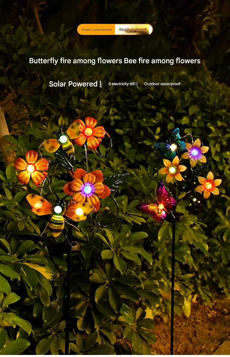Solar Garden Lights Flowers Insect Decorative Garden Stakes Sun Lamp Waterproof Metal Yard Art Decor For Outside Lawn Yard Patio