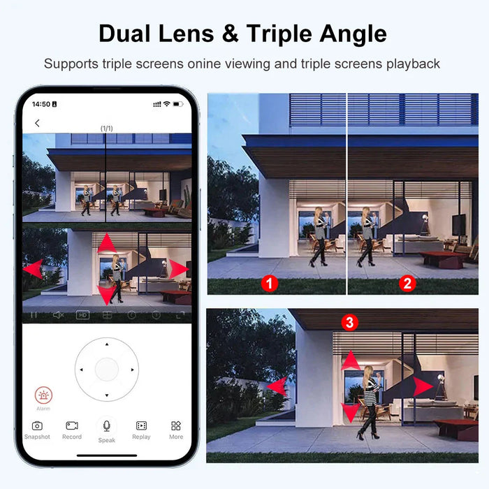 Solar Outdoor Surveillance Camera Dual Lens Triple Monitoring Shots PIR Humanoid Detection Smart Home CCTV WiFi Security Cameras