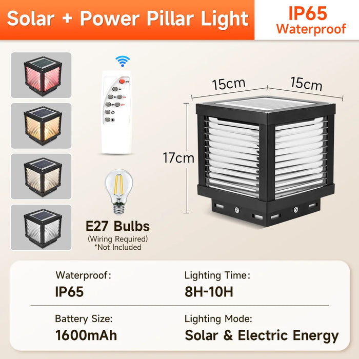LED Solar Pillar Lights Replaceable Bulb Outdoor Solar Garden Lamps Connect Electricity Sunlight for Fence Pathway Outdoor Decor