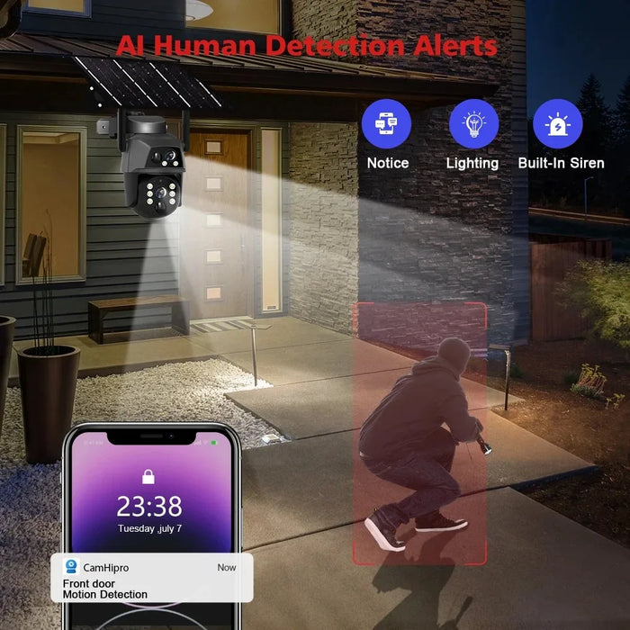 Solar Camera 4G Sim Card Outdoor Dual Lens 8MP 4K IP Camara With Solar Panel CCTV Security Built in Battery PIR Motion Detection