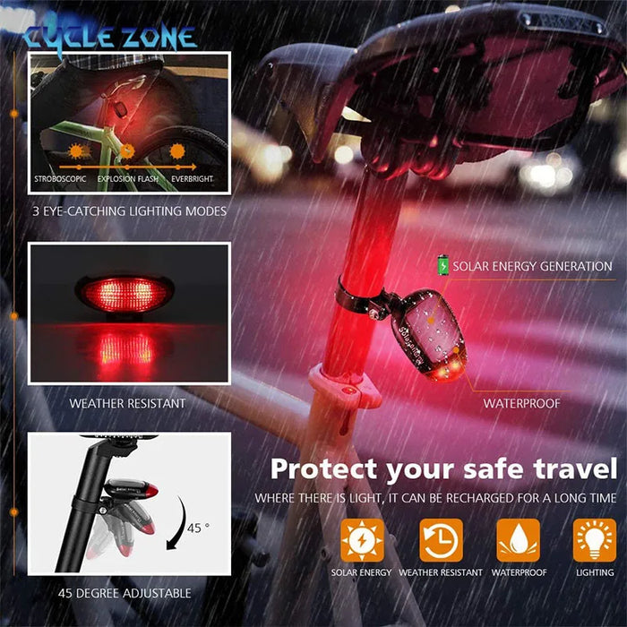 Solar Bicycle Tail Light Cycling Safety Solar Power Energy Bike Rear Lamp Night Riding Safety Warning Taillight MTB Accessories