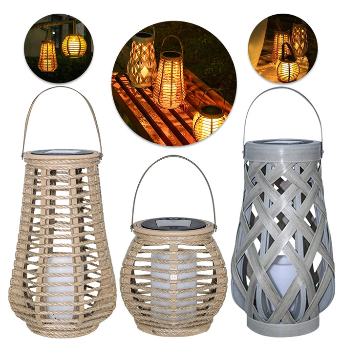 Solar Imitation Rattan Lantern Outdoor Solar Light Hanging Decorative Candle Lights Solar Powered Bamboo Lamp Garden Decoration