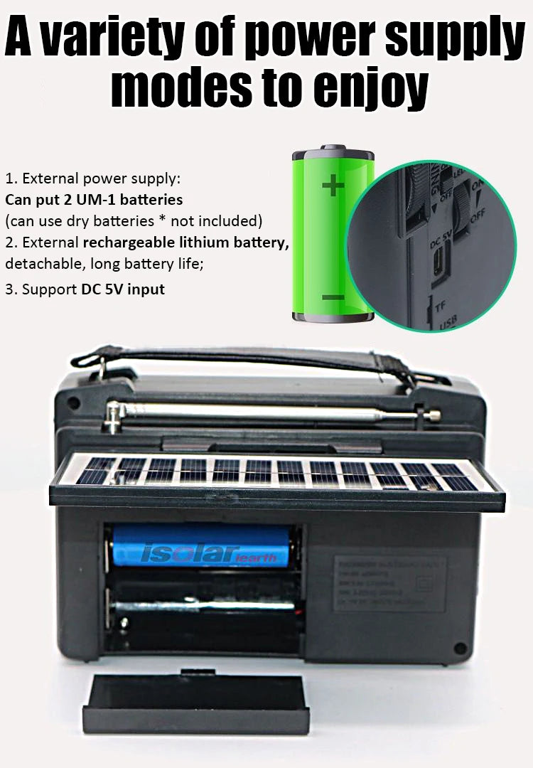 1pc Portable FM/AM/SW Radio Solar Charging Multi Band Emergency Radios Receiver Powerful Bluetooth Speaker with Flashlight USB