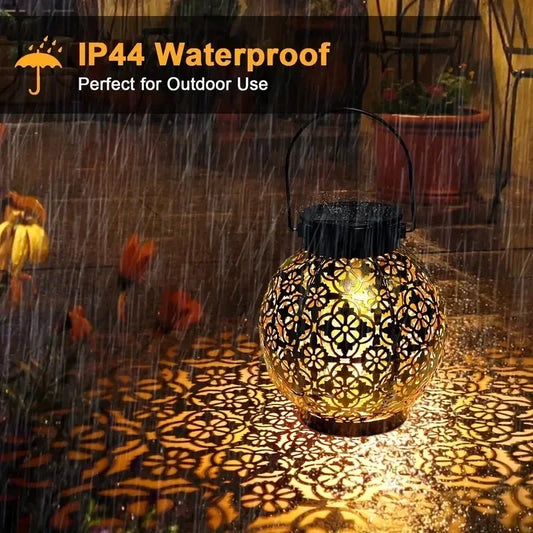 Solar Garden Light Outdoor Garden Decoration Solar Lights Metal Waterproof Round Lantern Lights Hanging Hollow Projection Lights