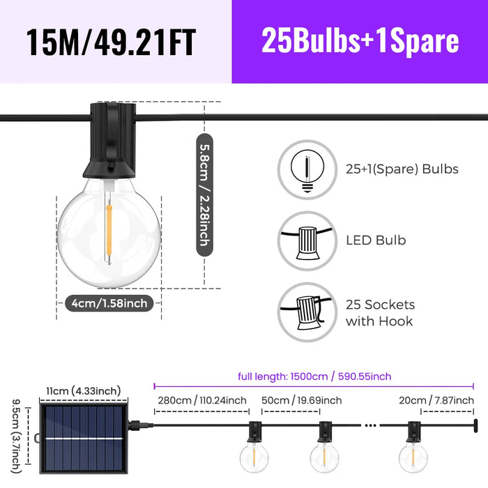 Solar String Lights Outdoor G40 Patio Lights, USB Recharger, 8 Light Modes, Shatterproof Bulbs , Weatherproof Hanging Light