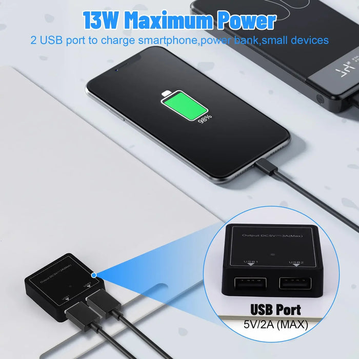 Portable solar power bank with two USB ports, suitable for outdoor camping, charging mobile phones or other electronic devices.