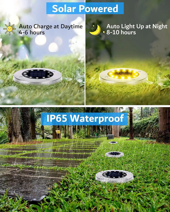 Solar Ground Lights Outdoor Decorations, 12LED Solar Garden Lights Waterproof, Solar Disk Lights for Yard, Pathway, Lawn, Patio