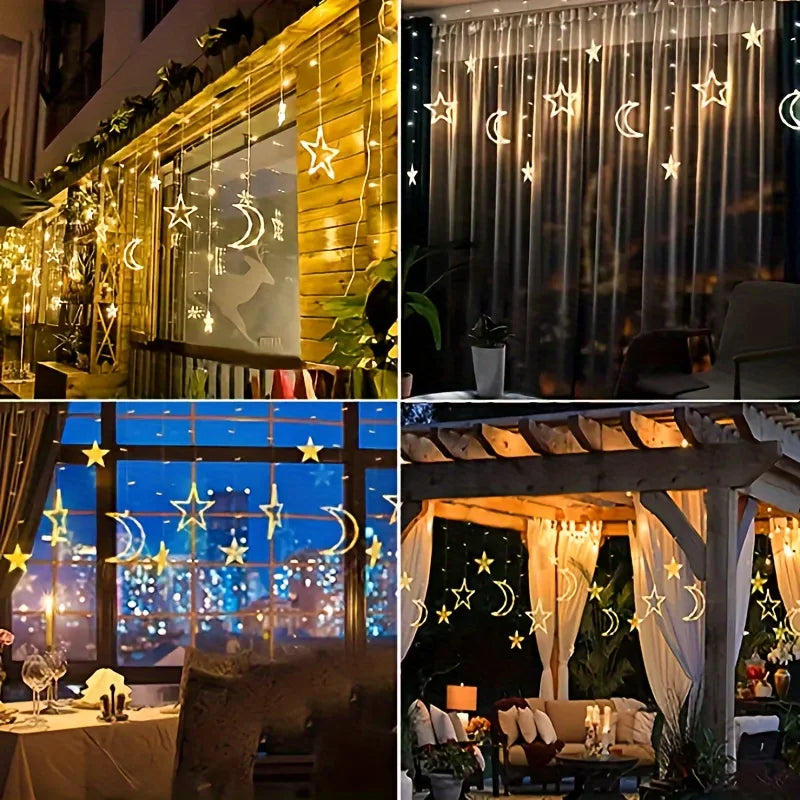 Star Moon Solar Battery String Lights 8Mode Outdoor Christmas Garland LED Fairy Light for Ramadan Festoon Wedding New Year Decor