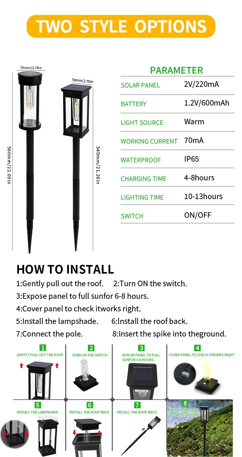 Solar Pathway Lawn Lights Outdoor Walkway Garden Tungsten lamp Waterproof Landscape Light Auto On/Off Lights for Yard Lawn Patio