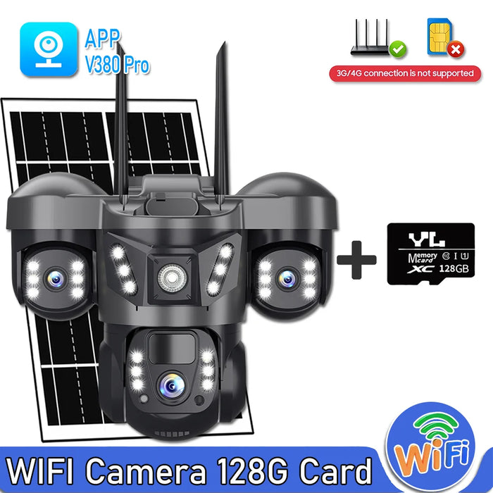 Solar WIFI IP Camera with Battery 15MP Three Lens Three Screen Monitor Night Vision Security Protection PTZ Video Surveillance