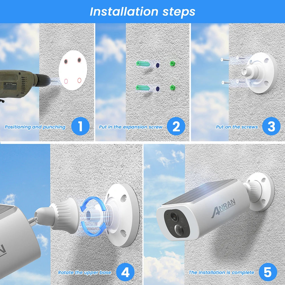 ANRAN Outdoor Solar Security Camera with Battery 3MP 2.4G WIFI Camera Battery Cloud Storage Color Night Vision Can't Add NVR